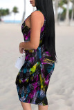 Black Sexy Street Geometric Print Lips Leopard Contrast U Neck Printed Dresses