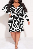 Black And White Casual Geometric Print Flowers Lace Up V Neck Long Sleeve Plus Size Wrap Midi Dresses