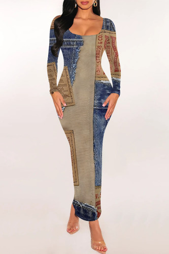 Blue Coffee Casual Street Faux Denim Print Long Sleeve U Neck Bodycon Midi Dresses