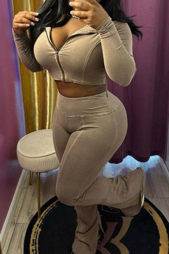 Camel Denim Style Zip-Up Two Piece Jogger Set  Set Casual Streetwear Long Sleeve Crop Jacket and High-Waisted Flare Pants