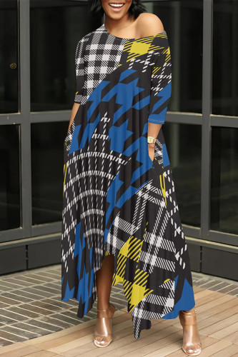 Blue Yellow Casual Street Plaid Geometric Print Pocket Irregular Contrast O Neck Printed Dresses