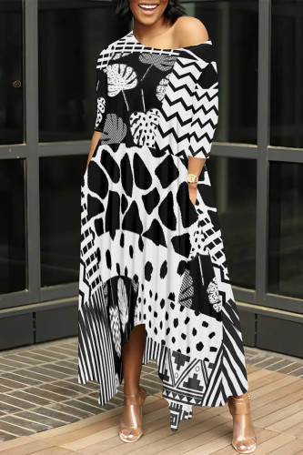 Black And White Casual Street Plaid Geometric Print Pocket Irregular Contrast O Neck Printed Dresses