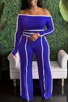 Blue Casual Patchwork Contrast Off Shoulder Long Sleeve Two Pieces