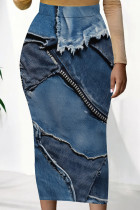 Dark Blue Sexy Print Patchwork Skinny Mid Waist Full Print Bottoms