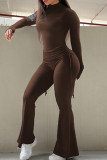 Black Casual Solid Color Draw String Patchwork Ruched Turtleneck Long Sleeve Two Pieces
