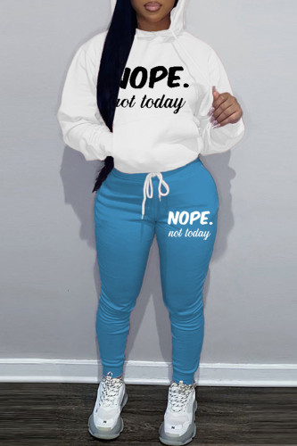 Sky Blue Casual Letters Draw String Pocket Patchwork Hooded Long Sleeve Two Pieces