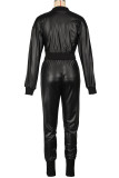 Light Brown Street Solid Color Hollow Out Buckle Patchwork Strap Design O Neck Long Sleeve Two Pieces