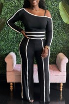 Black Casual Patchwork Contrast Off Shoulder Long Sleeve Two Pieces