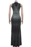 Black Rhinestone Embellished Sleeveless Deep V Neck Bodycon Maxi Dress Sparkling Hot Drilling Formal Party Party Gown