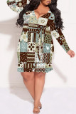 Black Sexy Plaid Floral Print Lace Up Contrast V Neck Printed Plus Size Dresses