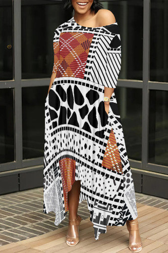 White Orange Casual Street Plaid Geometric Print Pocket Irregular Contrast O Neck Printed Dresses