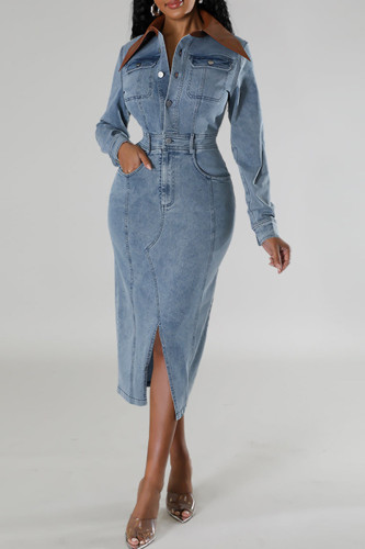 Light Blue Street Pocket Buckle Patchwork Slit Turndown Collar Long Sleeve Regular Denim Dresses
