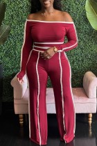 Red Casual Patchwork Contrast Off Shoulder Long Sleeve Two Pieces