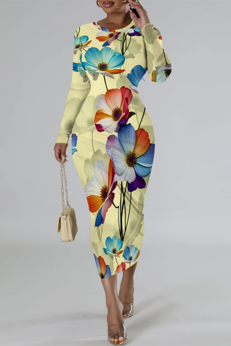 Beige Geometric Print Flowers O Neck Long Sleeve Casual Vacation Wrap Midi Dresses