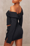 Black Casual Solid Color Buttons Off Shoulder Long Sleeve Two Pieces