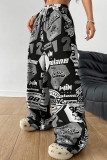 Black Casual Letters Draw String Pocket Patchwork Loose Low Waist Wide Leg Full Print Bottoms