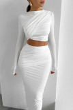 White Casual Solid Color Patchwork O Neck Long Sleeve Two Pieces