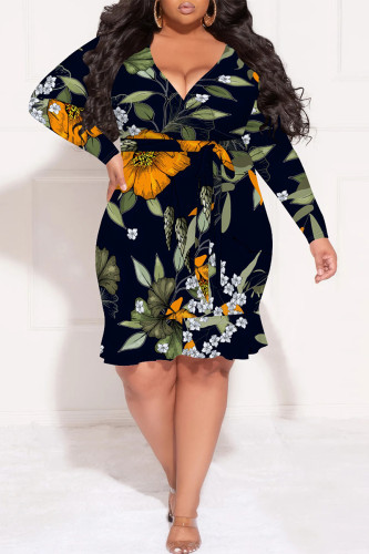 Black Sexy Plaid Floral Print Lace Up Contrast V Neck Printed Plus Size Dresses