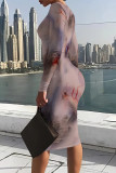 Gray Purple Abstract Print Crewneck Long Sleeve Gradient Night Out Party Bodycon Evening Midi Dress