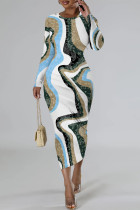White Geometric Print Flowers O Neck Long Sleeve Casual Vacation Wrap Midi Dresses