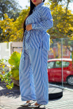Blue White Striped Two Piece Set Everyday Wear Collared Long Sleeve Shirt and Wide Leg Pants
