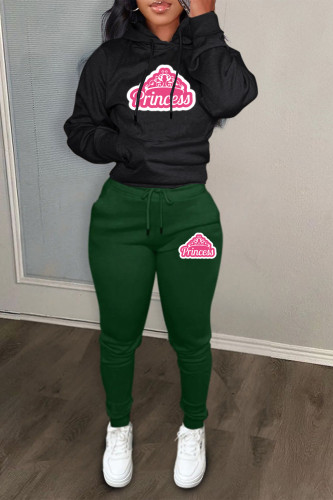 Black Green Letter Print Long Sleeve Hooded  Sweatshirt and Skinny Pant Casual Sportwesr Two Piece Jogger Set