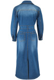 Blue Street Solid Color Pocket Buckle Patchwork Turndown Collar Long Sleeve Straight Denim Dresses