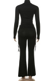 Black Casual Solid Color Draw String Patchwork Ruched Turtleneck Long Sleeve Two Pieces