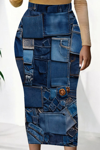 Medium Blue Sexy Print Patchwork Skinny Mid Waist Full Print Bottoms
