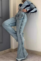 Blue Street Solid Color Pocket Buttons Patchwork Zipper High Waist Boot Cut Denim Jeans