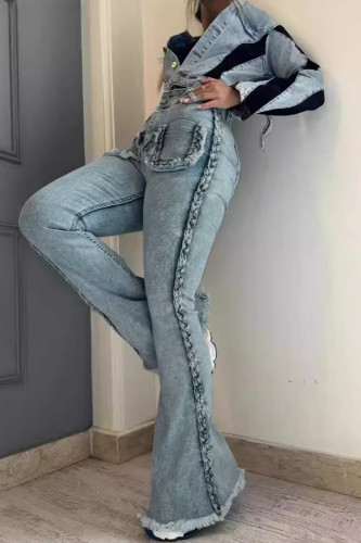 Blue Street Solid Color Pocket Buttons Patchwork Zipper High Waist Boot Cut Denim Jeans
