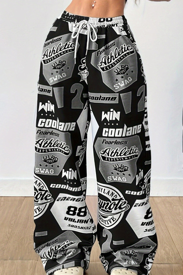 Black Casual Letters Draw String Pocket Patchwork Loose Low Waist Wide Leg Full Print Bottoms