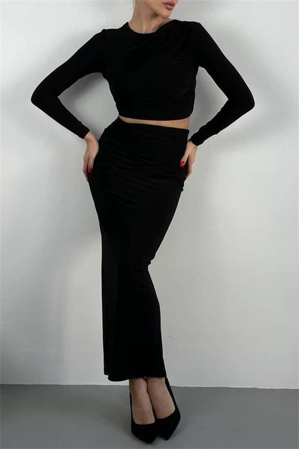Black Casual Solid Color Patchwork O Neck Long Sleeve Two Pieces