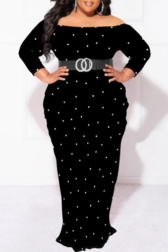 Black Geometric Print Polka Dot Leopard Off Shoulder Long Sleeve Plus Size Bodycon Maxi Dresses(No Belt)