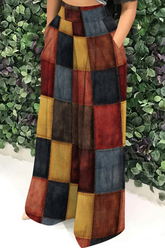 Red Yellow Casual Print Pocket Patchwork Loose High Waist Wide Leg Full Print Bottoms