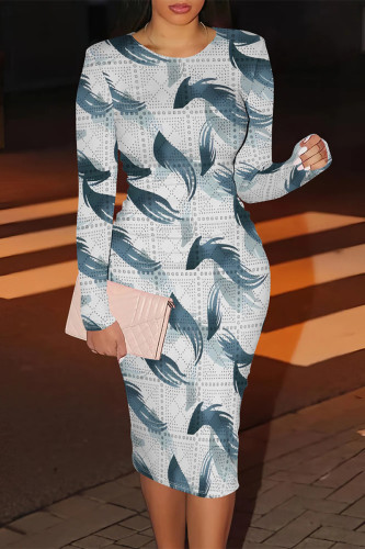 Blue White Abstract Print Crewneck Long Sleeve Gradient Night Out Party Bodycon Evening Midi Dress
