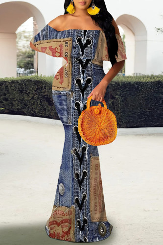 Dark Blue Sexy Street Faux Denim Print Off Shoulder Short Sleeve Nightout Party Fishtail Maxi Dresses