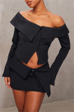 Black Casual Solid Color Buttons Off Shoulder Long Sleeve Two Pieces