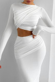 White Casual Solid Color Patchwork O Neck Long Sleeve Two Pieces