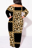Beige Geometric Print Polka Dot Leopard Off Shoulder Long Sleeve Plus Size Bodycon Maxi Dresses(No Belt)