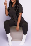Black Casual Solid Color Patchwork Slit V Neck Plus Size Two Pieces