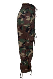 Army Green Casual Camouflage Print Draw String Pocket Strap Design Mid Waist Harlan Cargo Pants