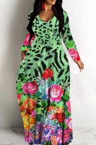Green Leopard Print Deep V Neck Long Sleeve Casual Outing Vacation Straight Loose Maxi Dress