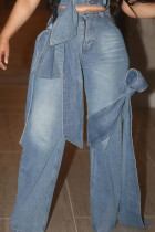 Blue Street Bow Tie Pocket Buttons Strap Design Zipper High Waist Loose Distressed Wide Leg Denim Jeans