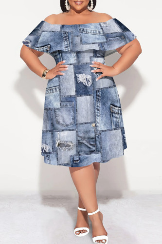 Baby Blue Faux Denim Print Off Shoulder Drap Sleeve Plus Size Casual Outing Vacation Straight A Line Midi Dress