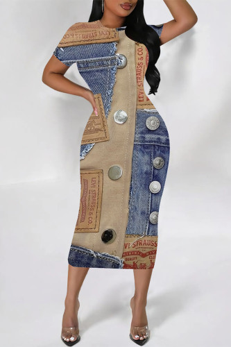 Multicolor Faux Denim Print O Neck Printed Short Sleeve Casual Outing Vacation Bodycon Midi Dress
