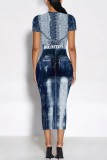 Deep Blue Casual Faux Denim Print O Neck Short Sleeve Slim Fit Straight Midi Dress