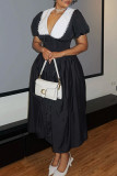 Black Wide Lapel Collar Puff Sleeve Midi Dress Formal Cinched Waist Button-Down Date Night Princess Silhouette Dress