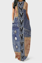 Dark Blue Faux Denim Print Sleeveless O Neck Pocket Casual Outing Vacation Straight Loose Maxi Dress