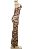Leopard Print Sleeveless Backless Mermaid Hem Long Halter Bodycon Maxi Dresses